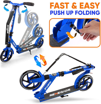 Hurtle Renegade Lightweight Foldable Teen and Adult Commuter Kick Scooter, Blue