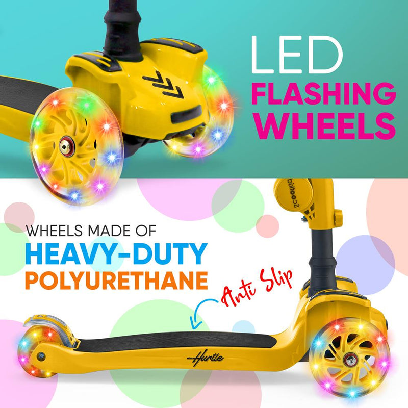 Hurtle ScootKid 3 Wheel Toddler Child Ride On Toy Scooter w/ LED Wheels, Yellow