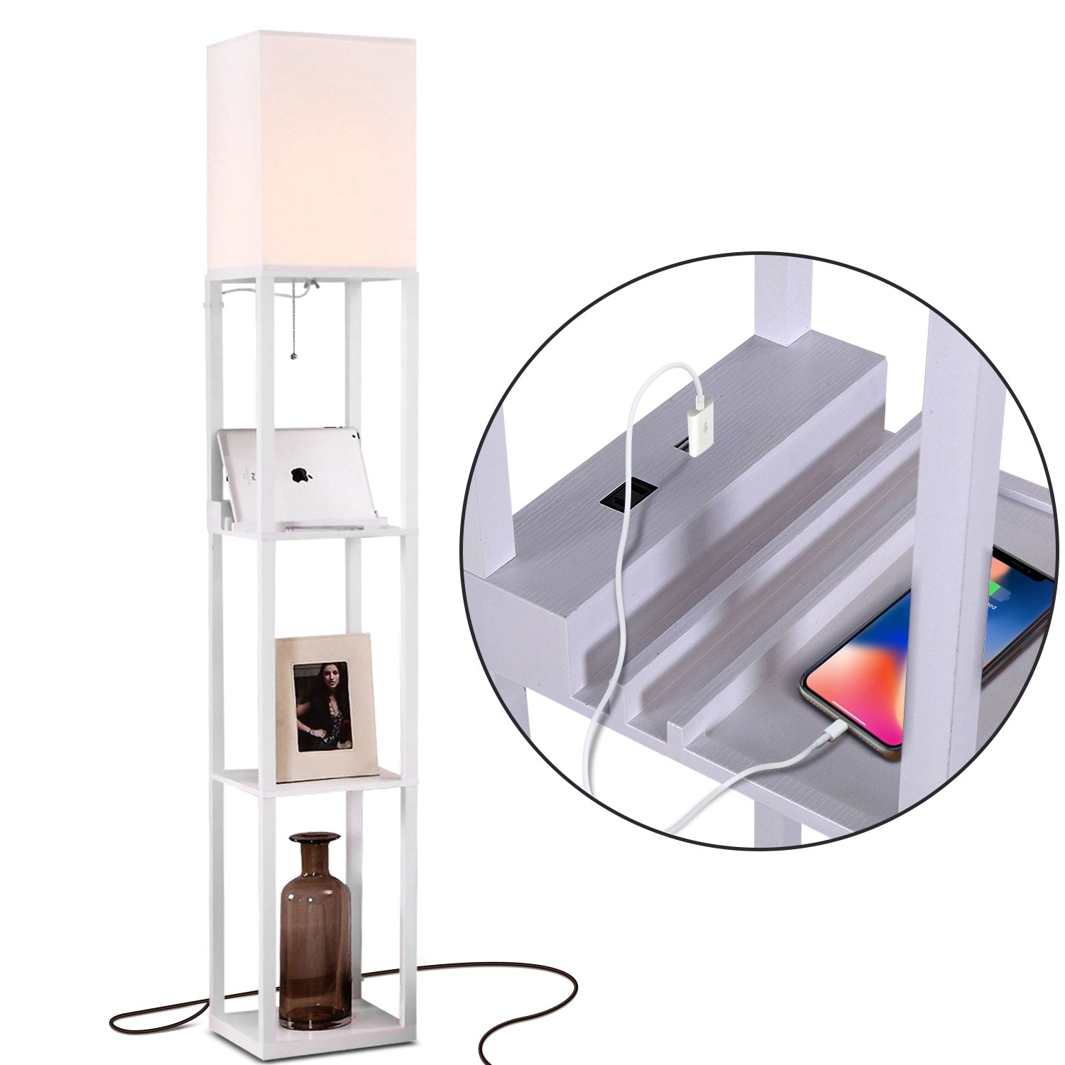 Brightech Maxwell Standing Tower Floor Lamp with Shelves and USB Port, (2 Pack)