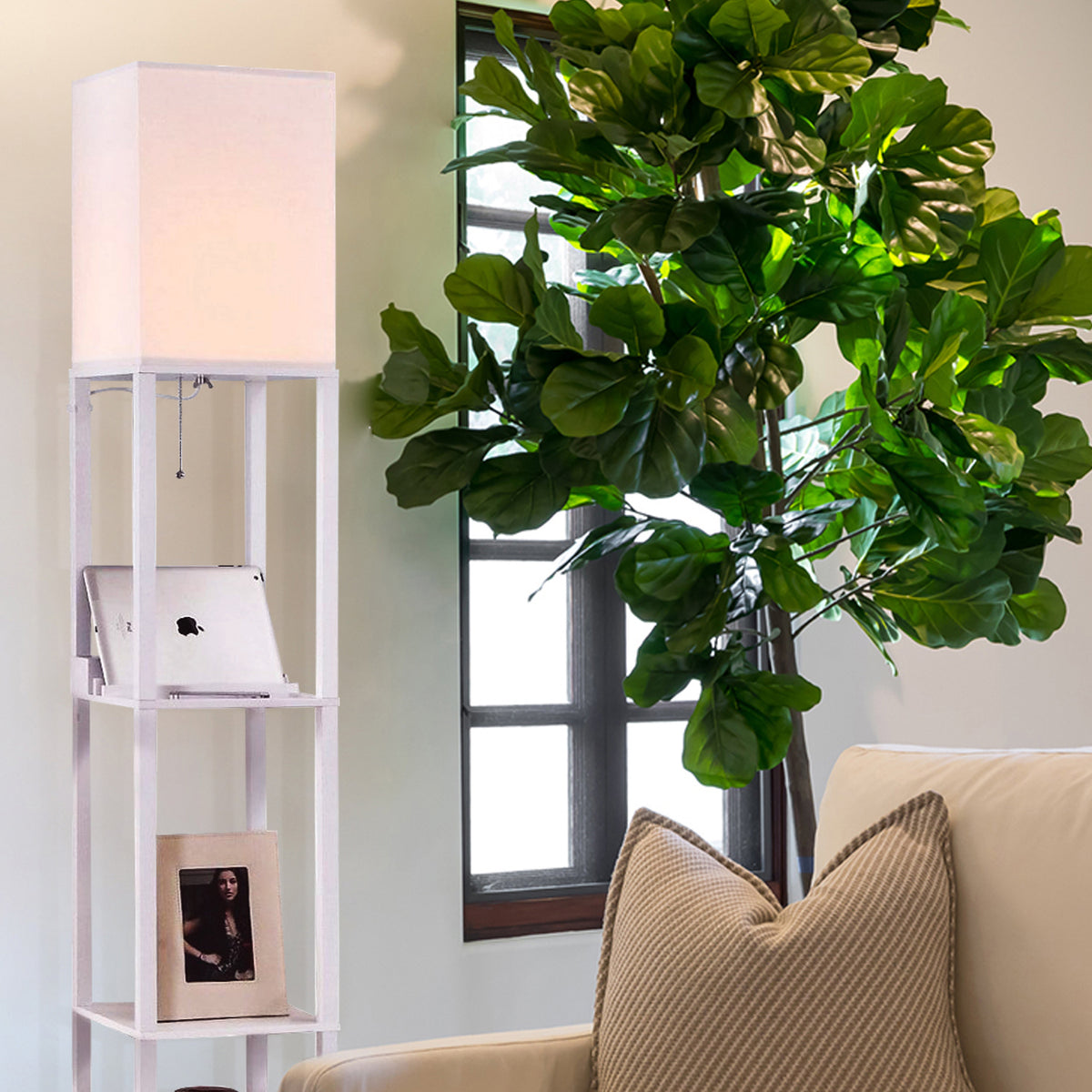 Brightech Maxwell Standing Tower Floor Lamp with Shelves and USB Port, White
