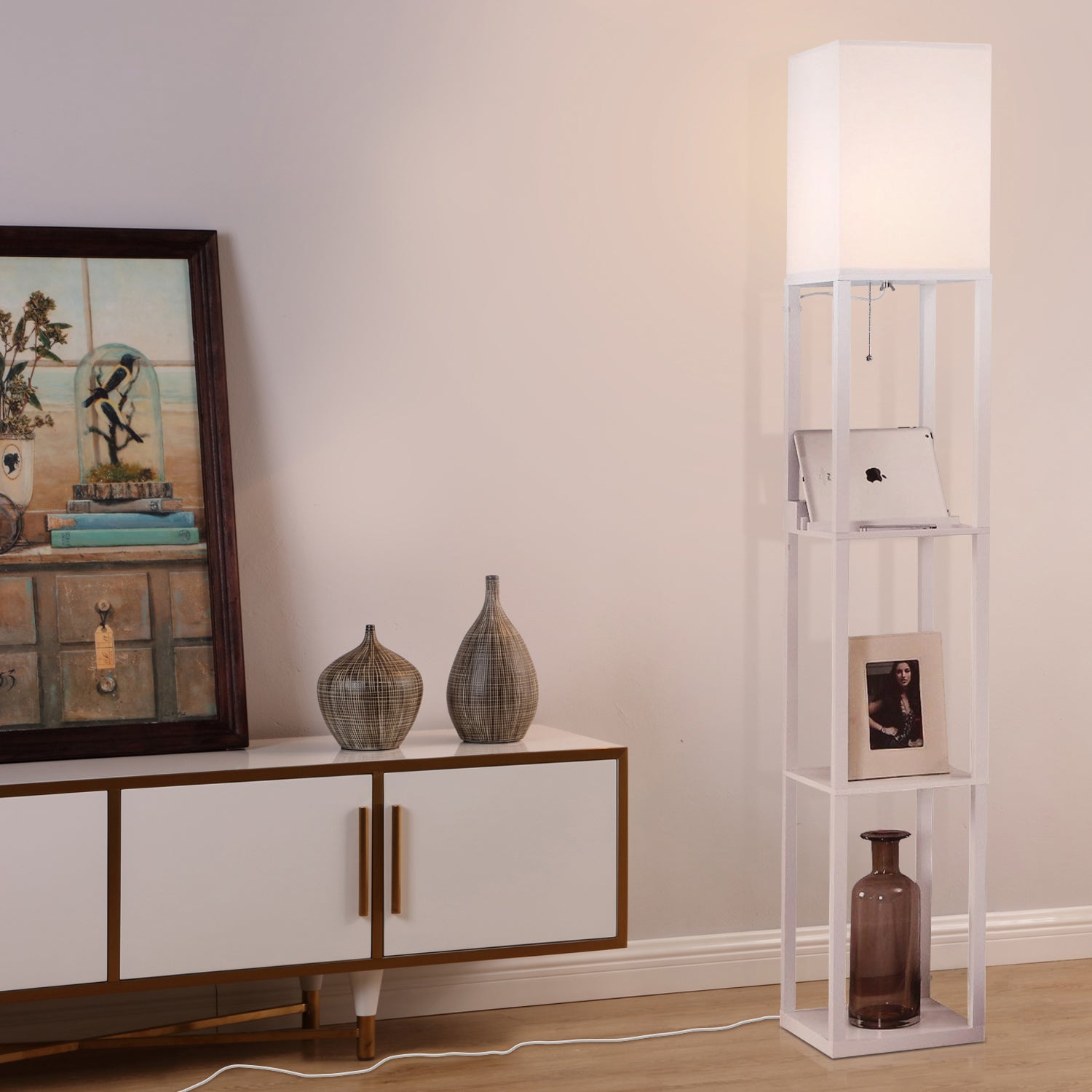 Brightech Maxwell Standing Tower Floor Lamp with Shelves and USB Port, (2 Pack)