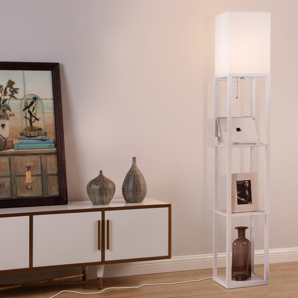 Brightech Maxwell Standing Tower Floor Lamp with Shelves and USB Port, White
