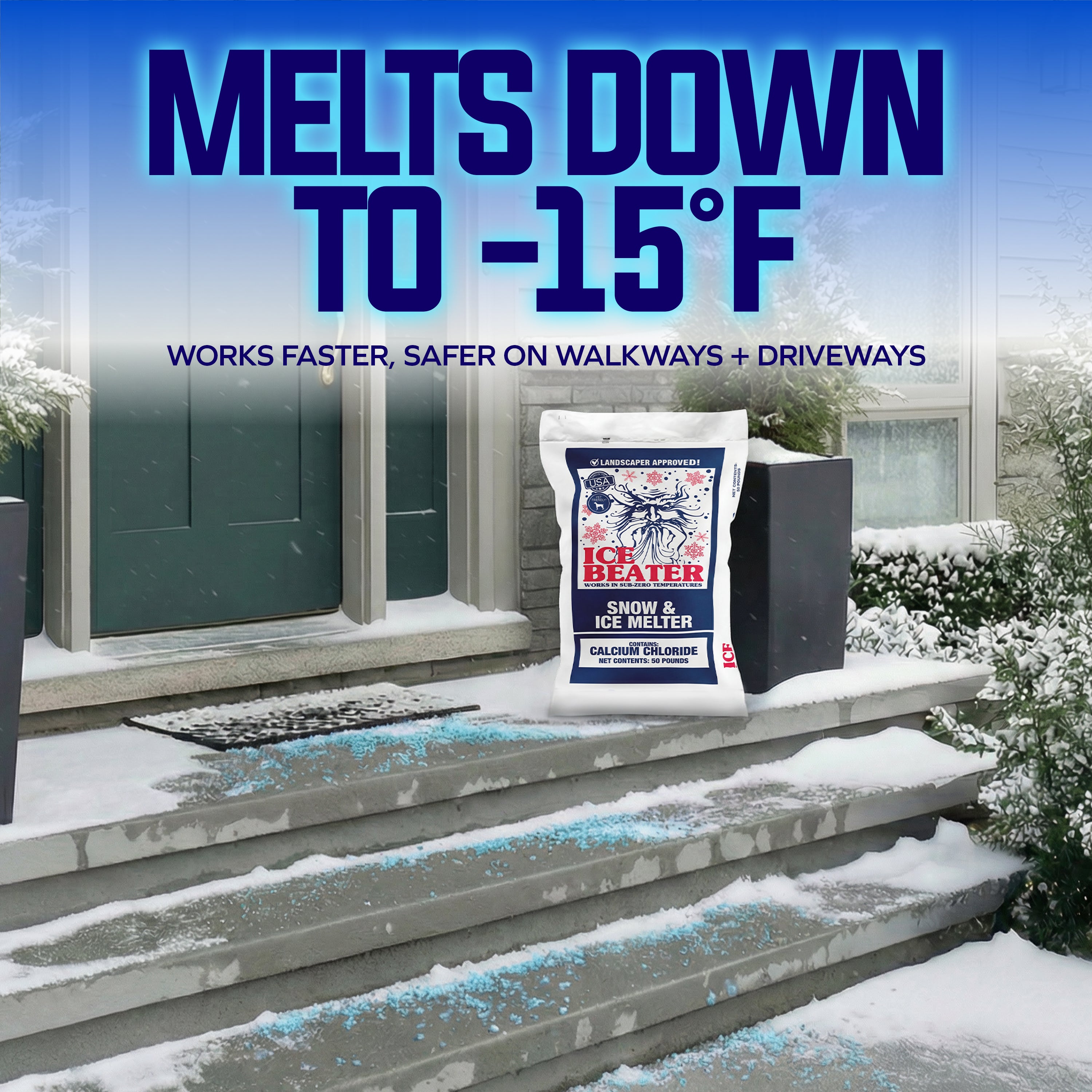 Snow Joe Ice Beater Calcium Blend Ice Melt for Walkways, Works to -15°F, 50 lb - VMInnovations