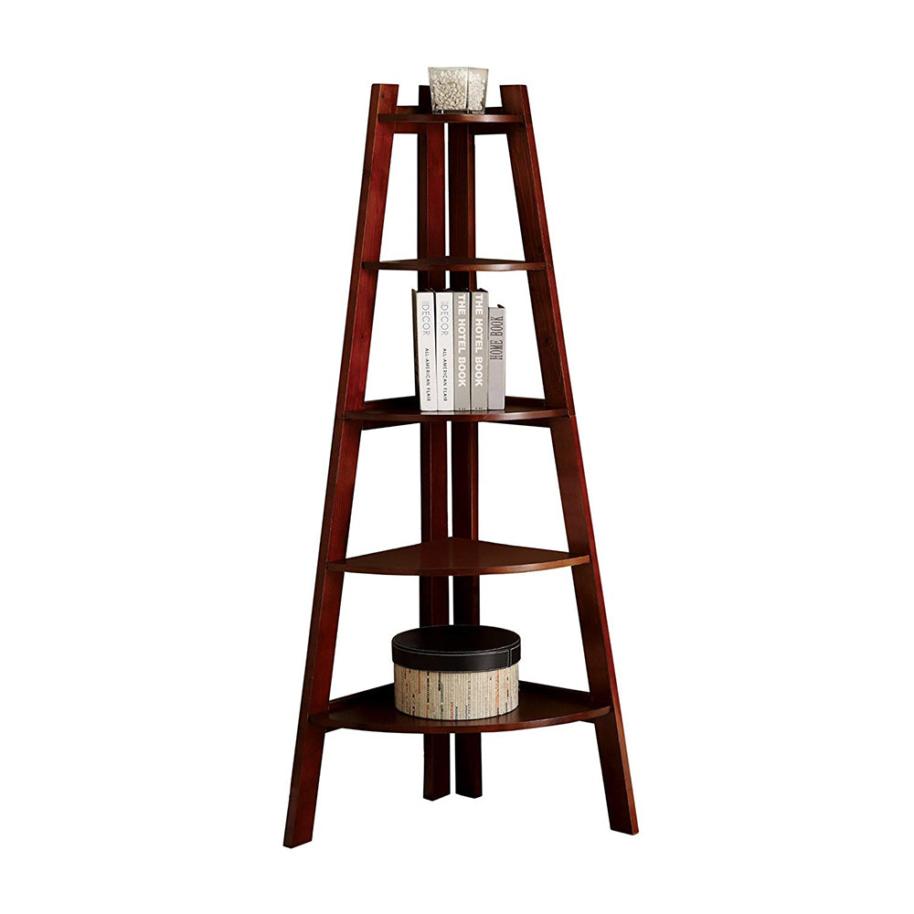 Furniture of America Lyss 5 Tier Wooden Corner Ladder Shelf, Cherry (Open Box)