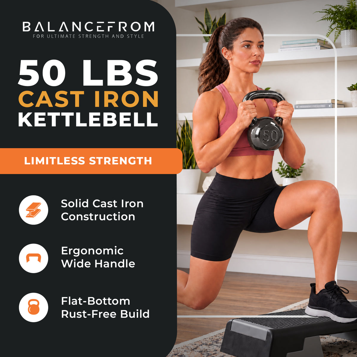 BalanceFrom Cast Iron Kettlebell for Home Gym Strength Training, 50 Lb, Grey