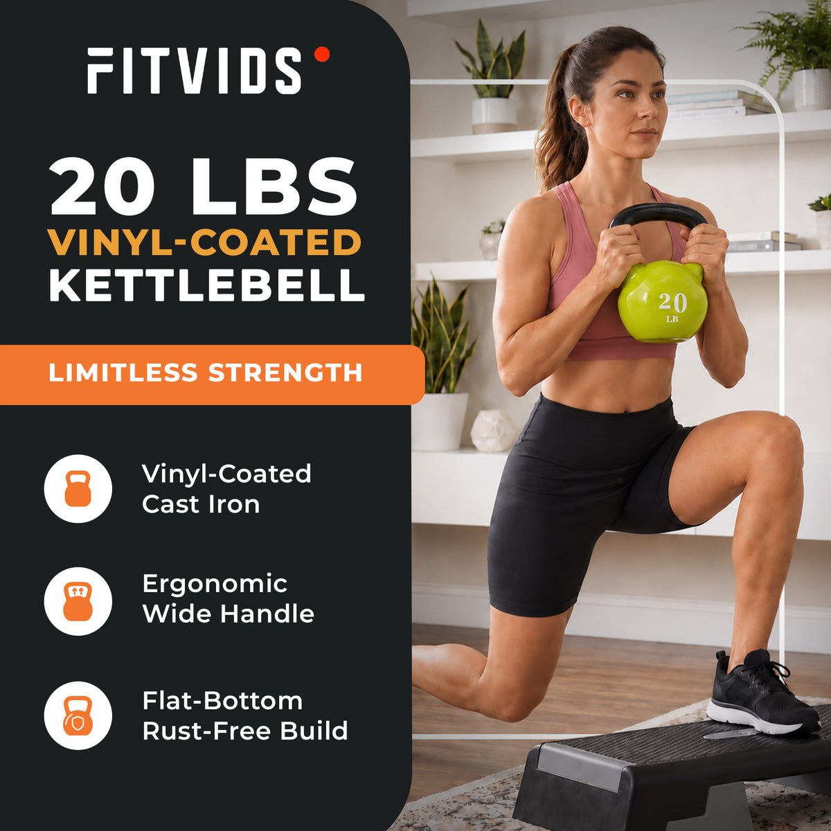 Fitvids 20lb Vinyl-Coated Kettlebell W Handle for Strength Training (Open Box)
