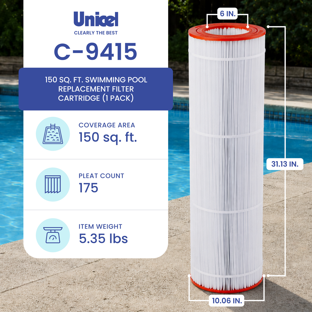 Unicel C-9415 Replacement 150 Sq Ft Swimming Pool Filter Cartridge, 175 Pleats - VMInnovations