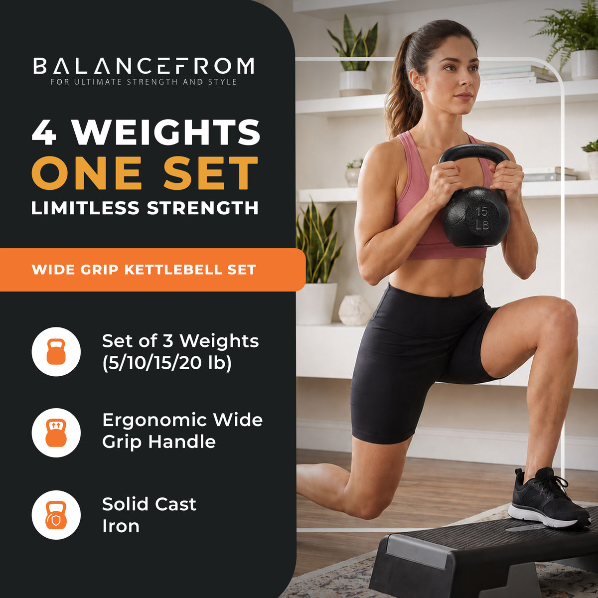 BalanceFrom Cast Iron Kettlebell Set for Home Gym, 5 lb, 10 lb, 15 lb, & 20 lb