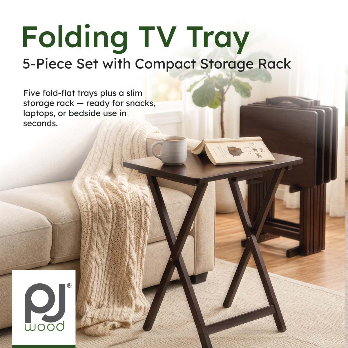 PJ Wood Folding TV Tray Tables with Compact Storage Rack, Espresso (Open Box) - VMInnovations