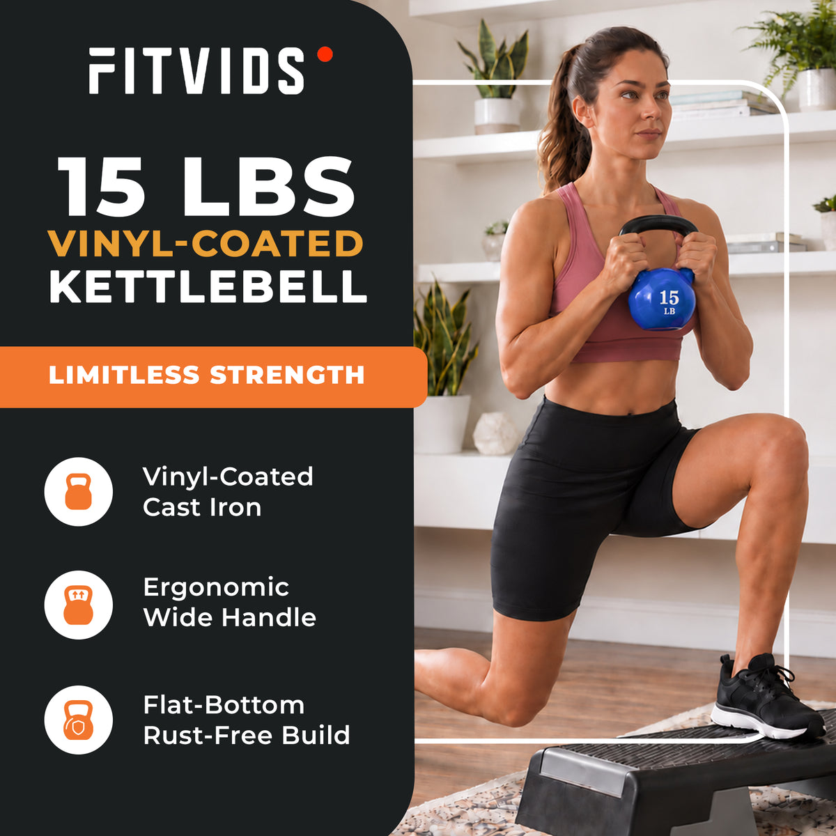Fitvids 15 lb Vinyl-Coated Kettlebell W Handle for Strength Training, (Open Box)