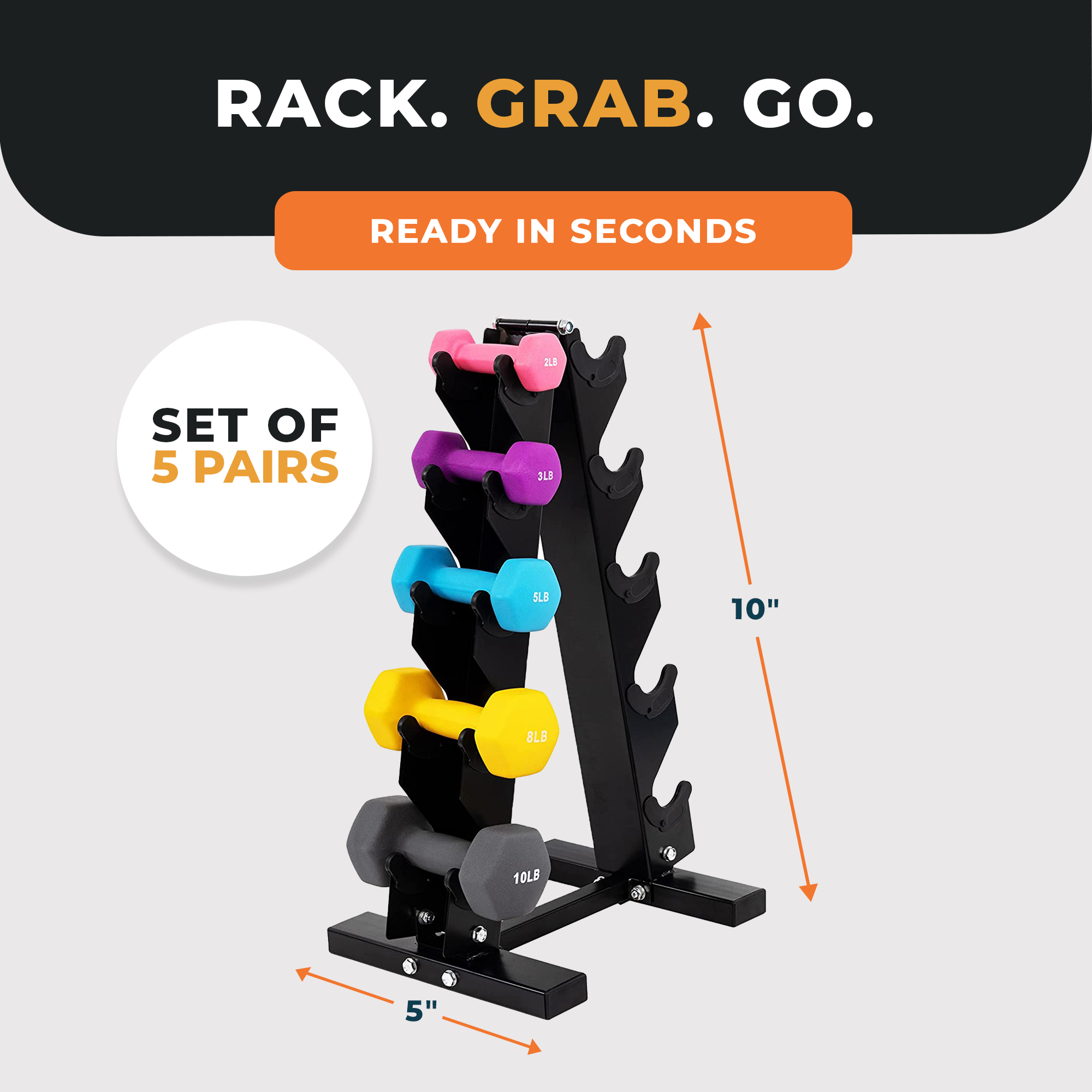 BalanceFrom Fitness 2, 3, 5, 8 & 10 Pound Neoprene Coated Dumbbell Set with Rack