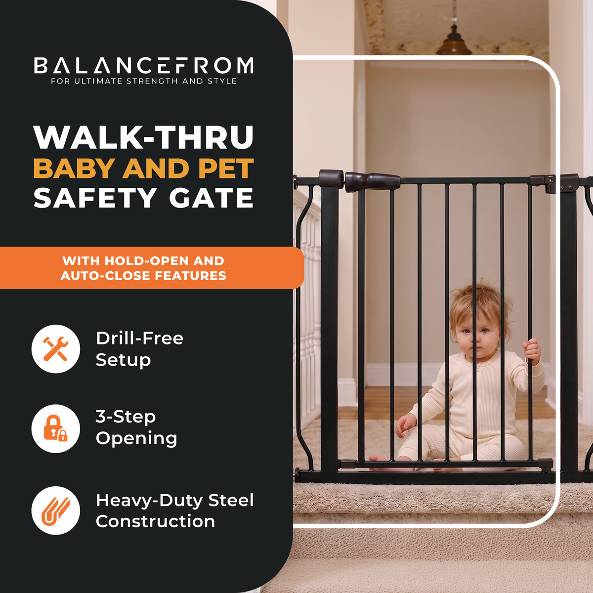 BalanceFrom Walk Thru Safety Gate, Fits 29.1-43.3" Openings, 36” Tall, Graphite - VMInnovations
