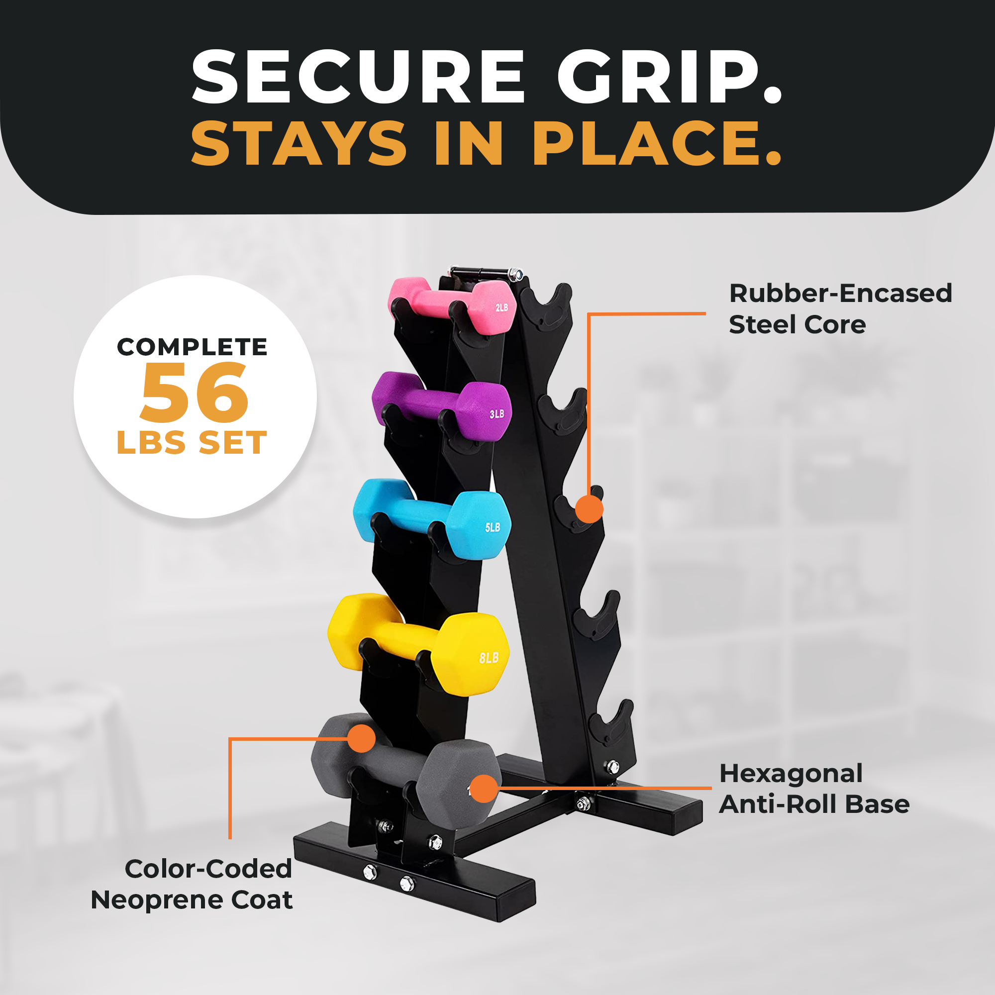 BalanceFrom Fitness 2, 3, 5, 8 & 10 Pound Neoprene Coated Dumbbell Set with Rack