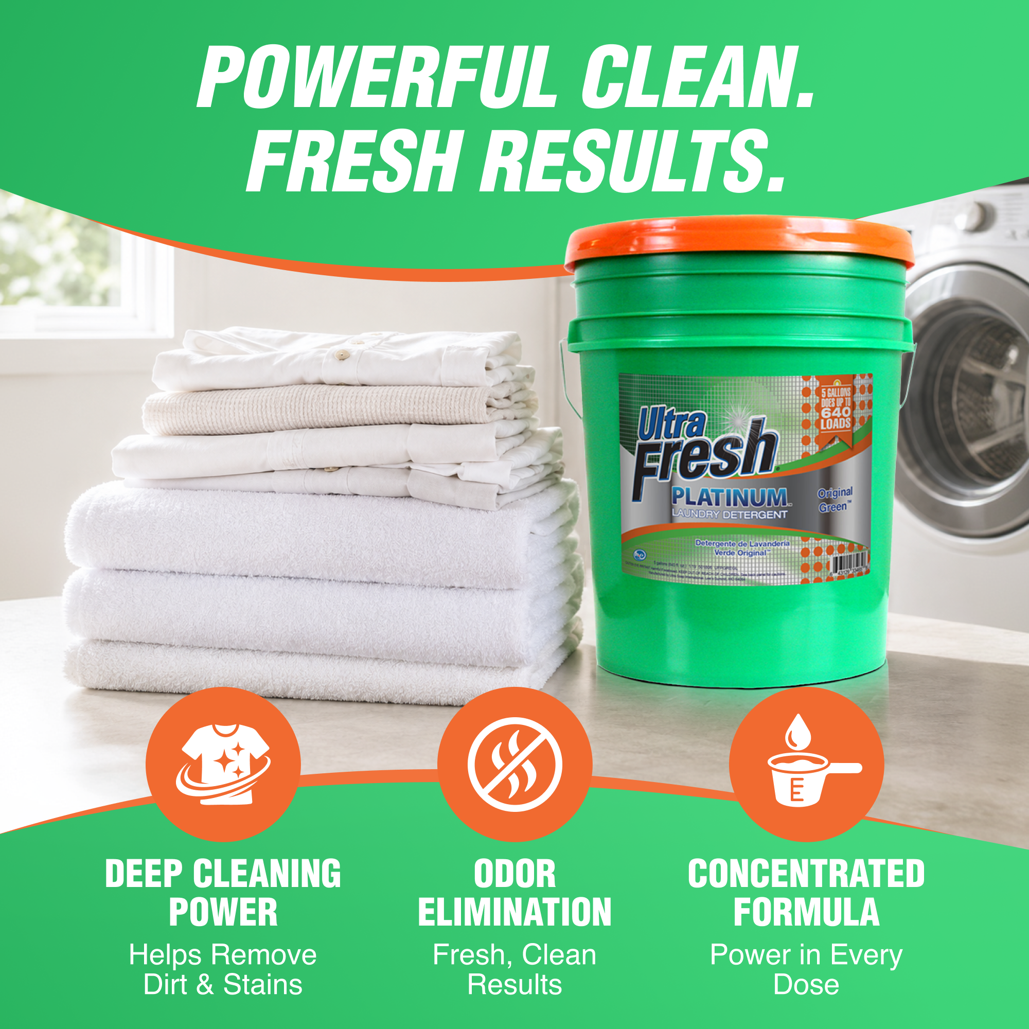 Ultra Fresh 3X Platinum 5 Gal Laundry Detergent, Up to 640 Loads, Original Green