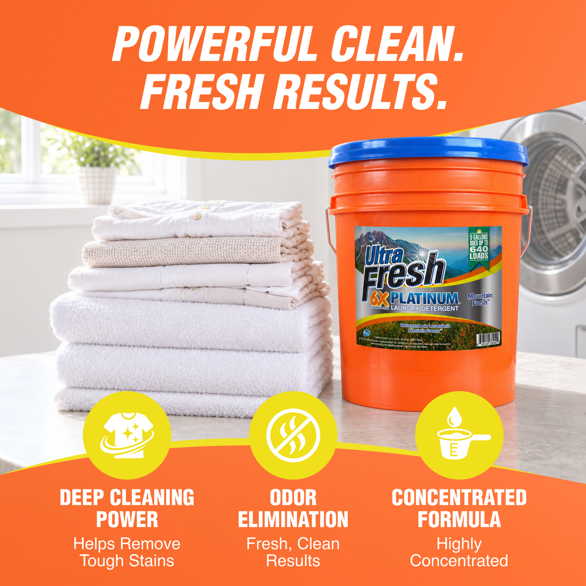 Ultra Fresh 6X Platinum 5 Gal Laundry Detergent, Up to 640 Loads, Mountain Fresh