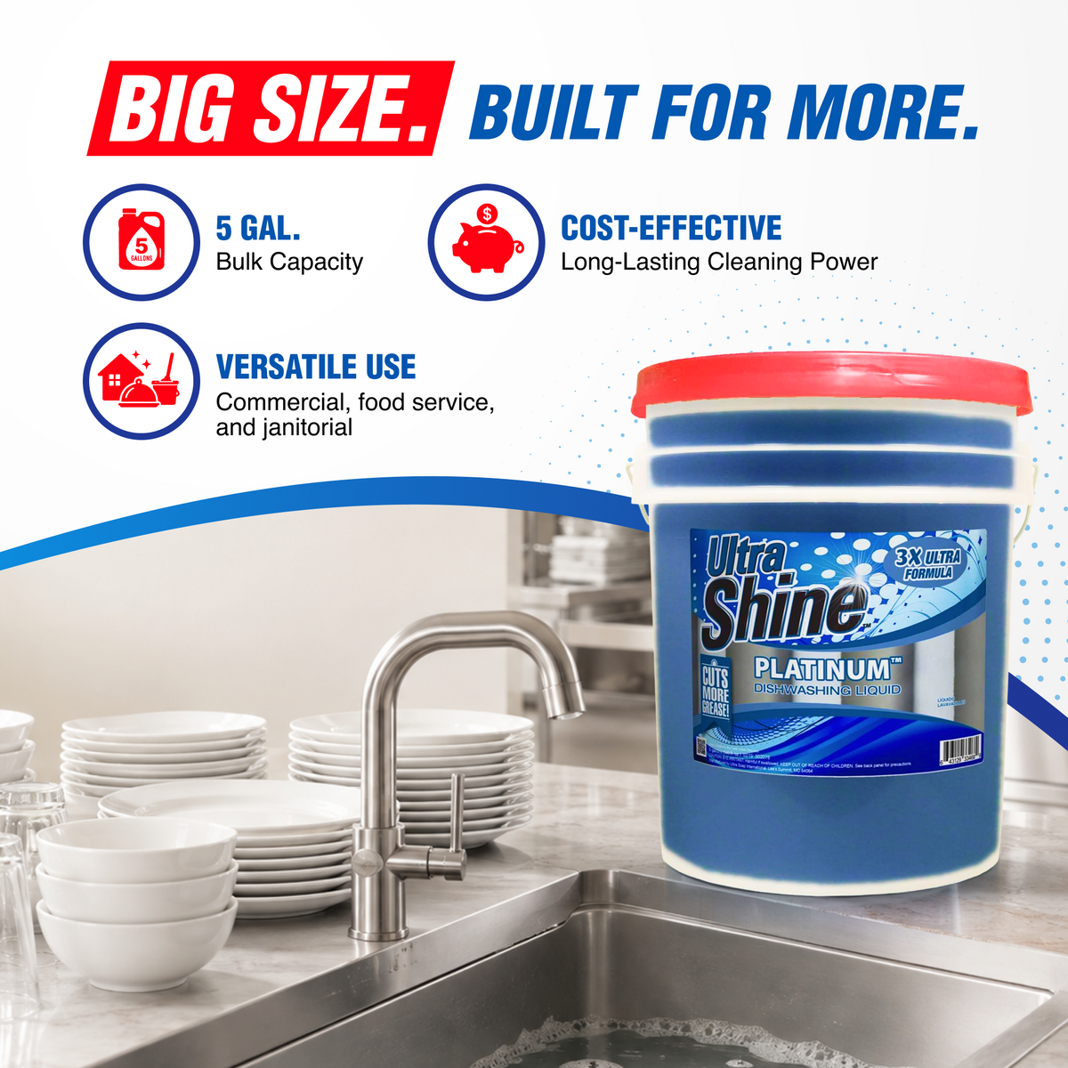 Ultra Shine™ 3X Platinum™ Dishwashing Liquid - Grease Remover, 5 Gallon, Blue