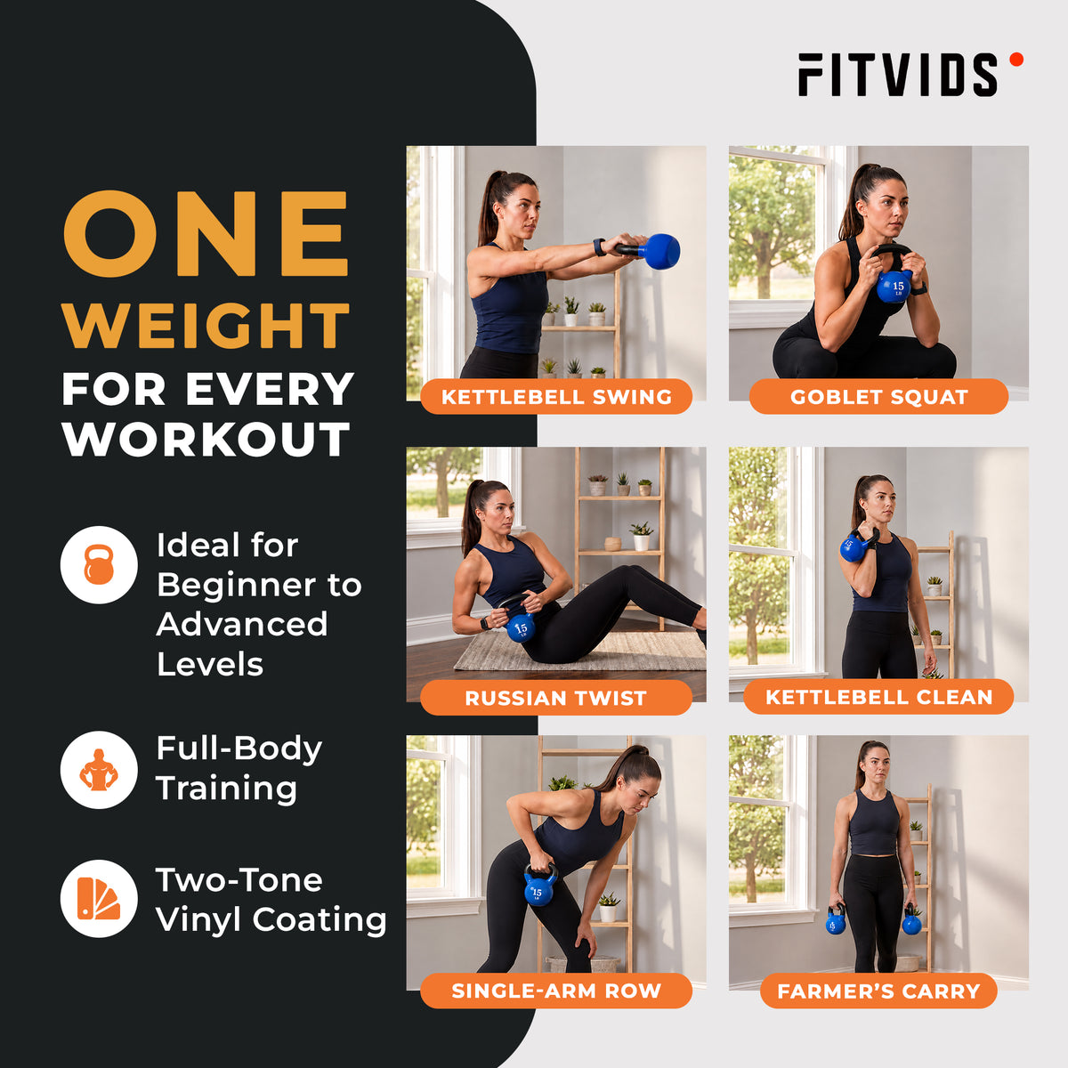 Fitvids 15 lb Vinyl-Coated Kettlebell W Handle for Strength Training, (Open Box)