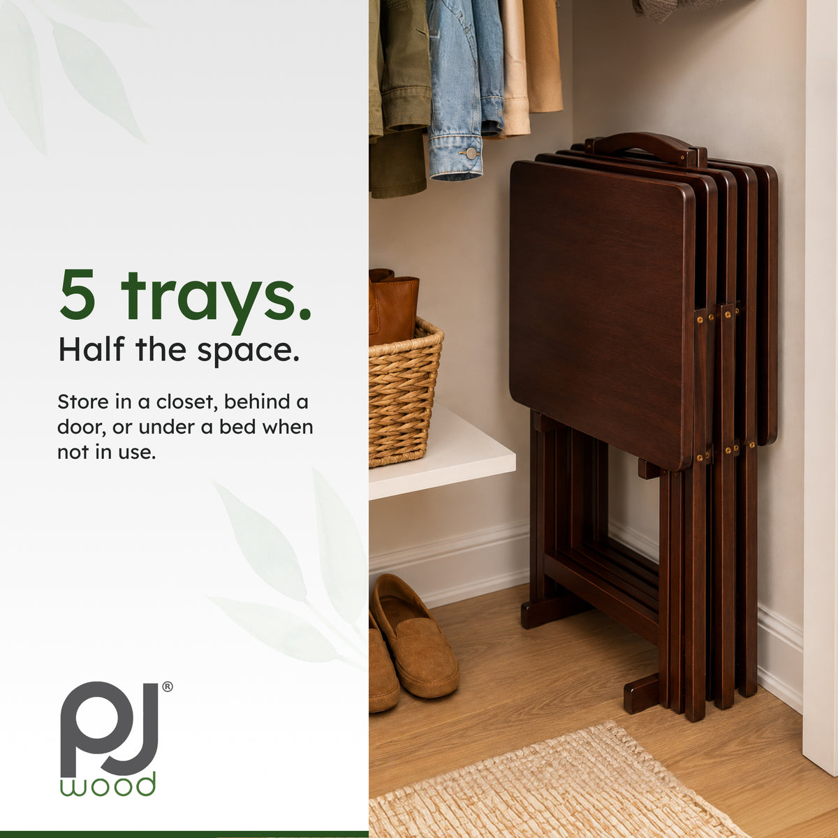PJ Wood Folding TV Tray Tables with Compact Storage Rack, Espresso (Open Box) - VMInnovations