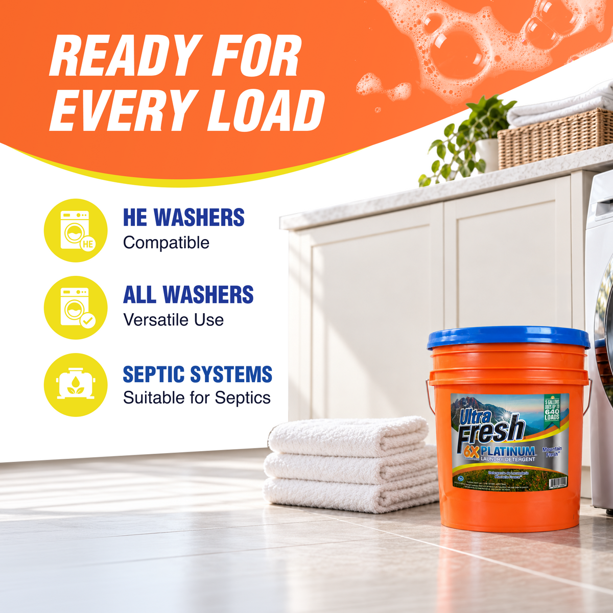 Ultra Fresh 6X Platinum 5 Gal Laundry Detergent, Up to 640 Loads, Mountain Fresh
