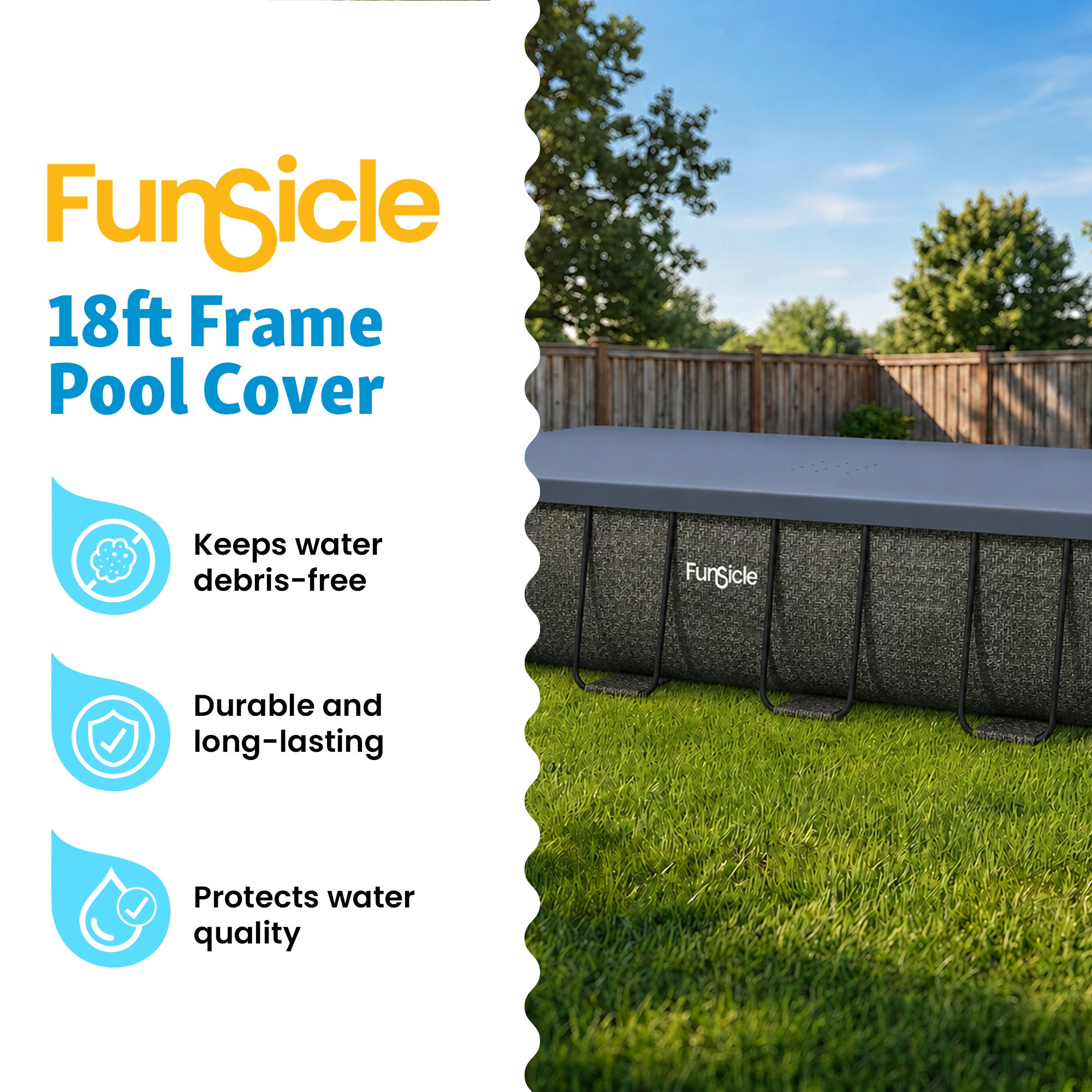 Funsicle 18’ Durable Rectangular Pool Cover for Oasis and Activity Pools, Gray
