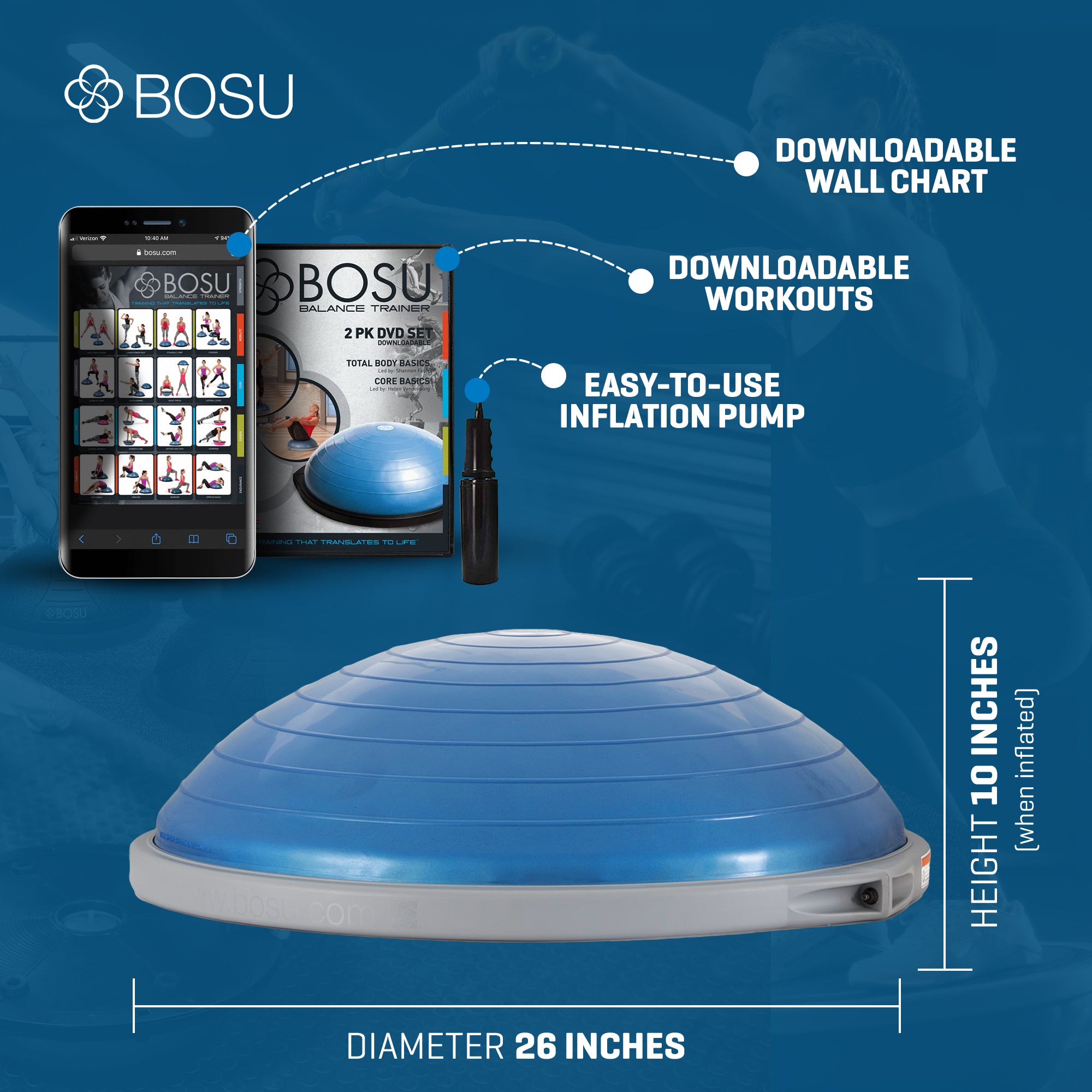 Bosu Pro Home Gym 26 Inch Balance Strength Trainer Ball, Blue (For Parts)