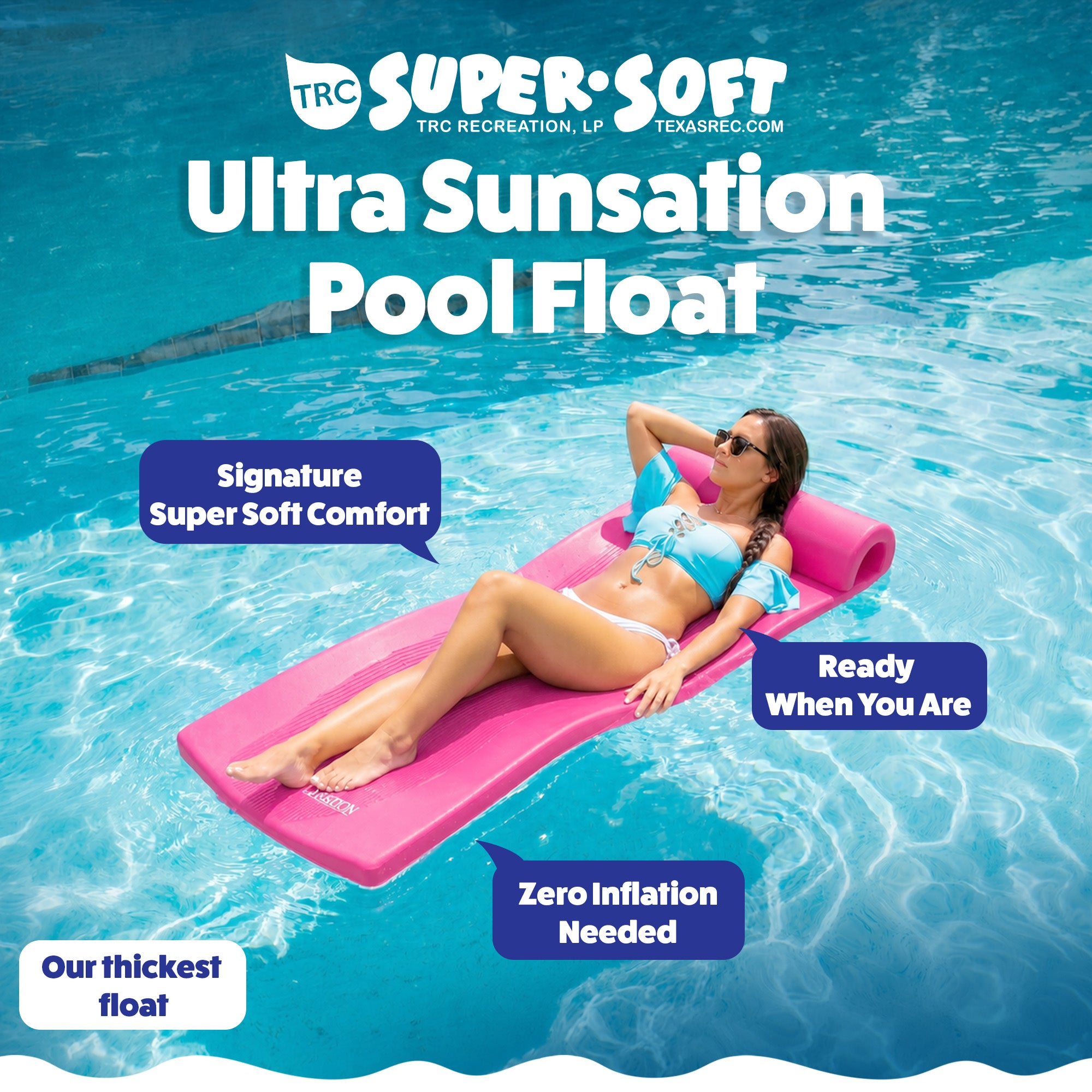 TRC Recreation Ultra Sunsation 2.5 Inch Thick Foam Pool Float Lounge Mat, Pink
