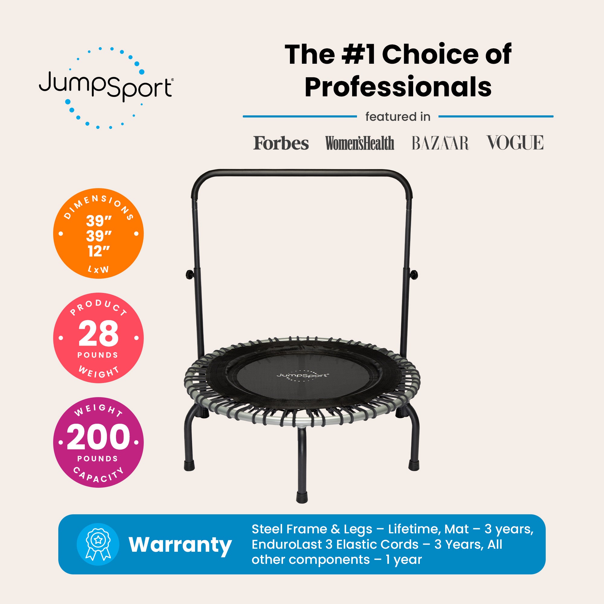 JumpSport 39" Fitness Trampoline and Handle Bar with 30 Adjustable Bungees(Used) - VMInnovations