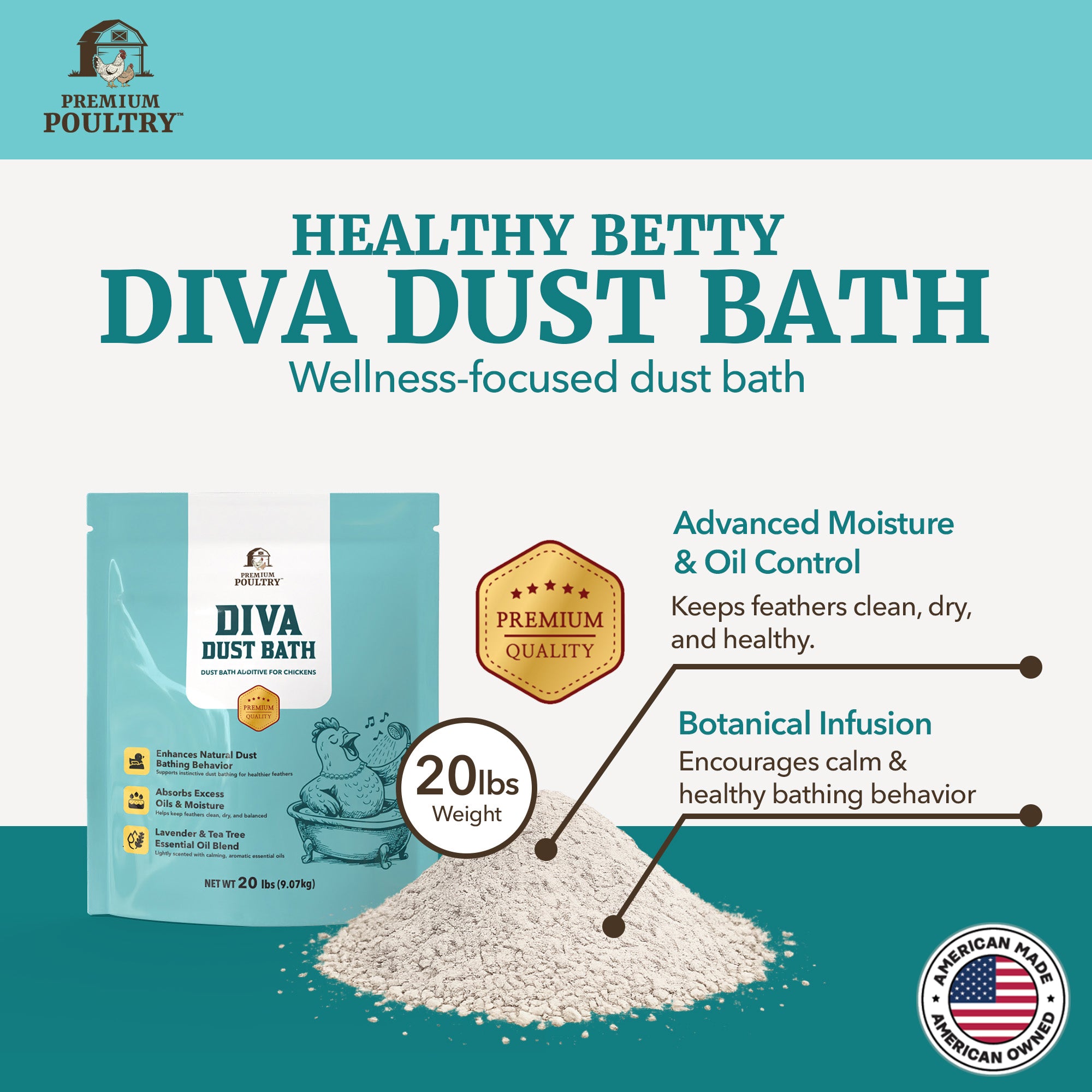 Premium Poultry Diva Dust Bath with Lavender & Tea Tree, Chicken Coop, 20 Lb Bag