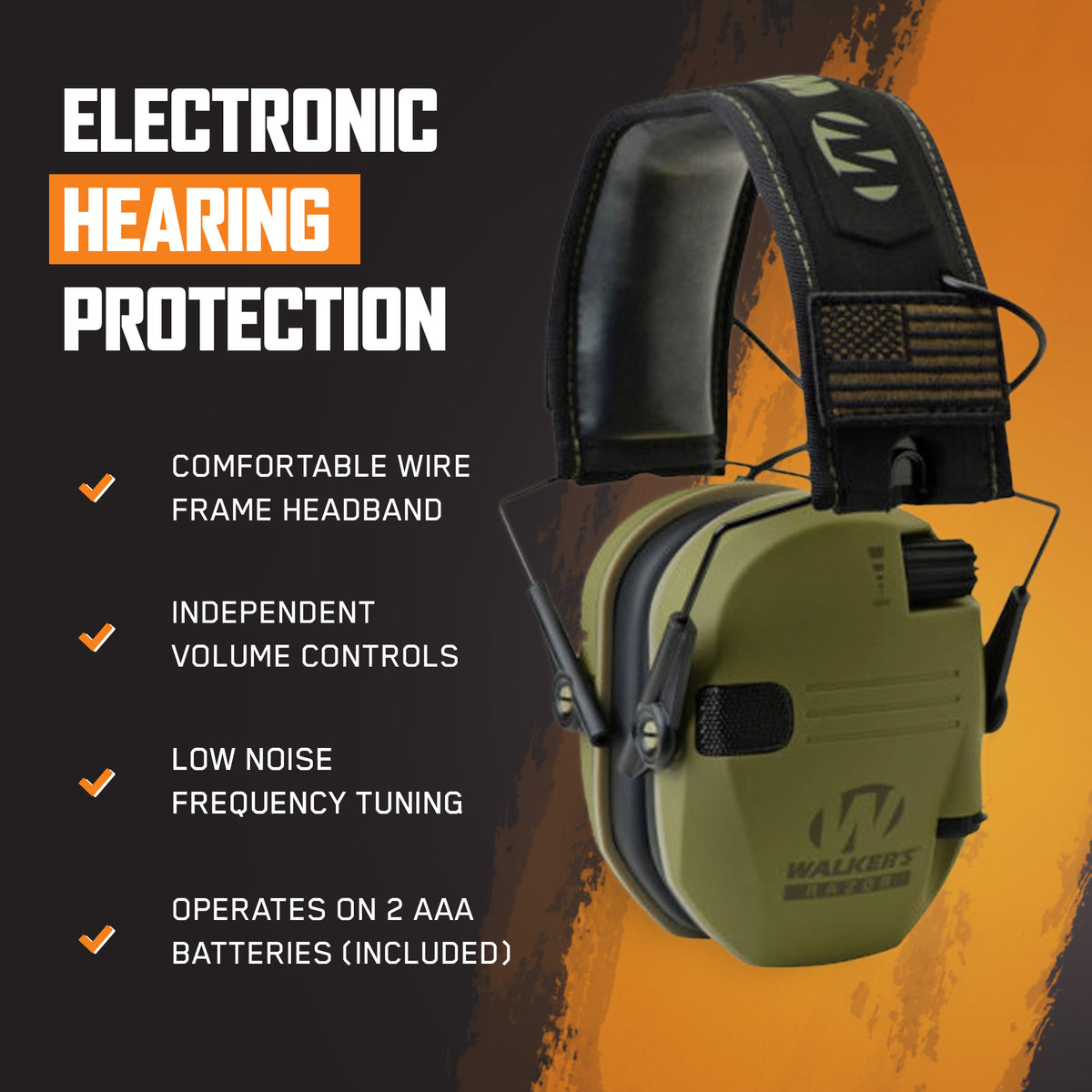 Walkers Razor Slim Shooter Electronic Hearing Protection Earmuffs, Green Patriot
