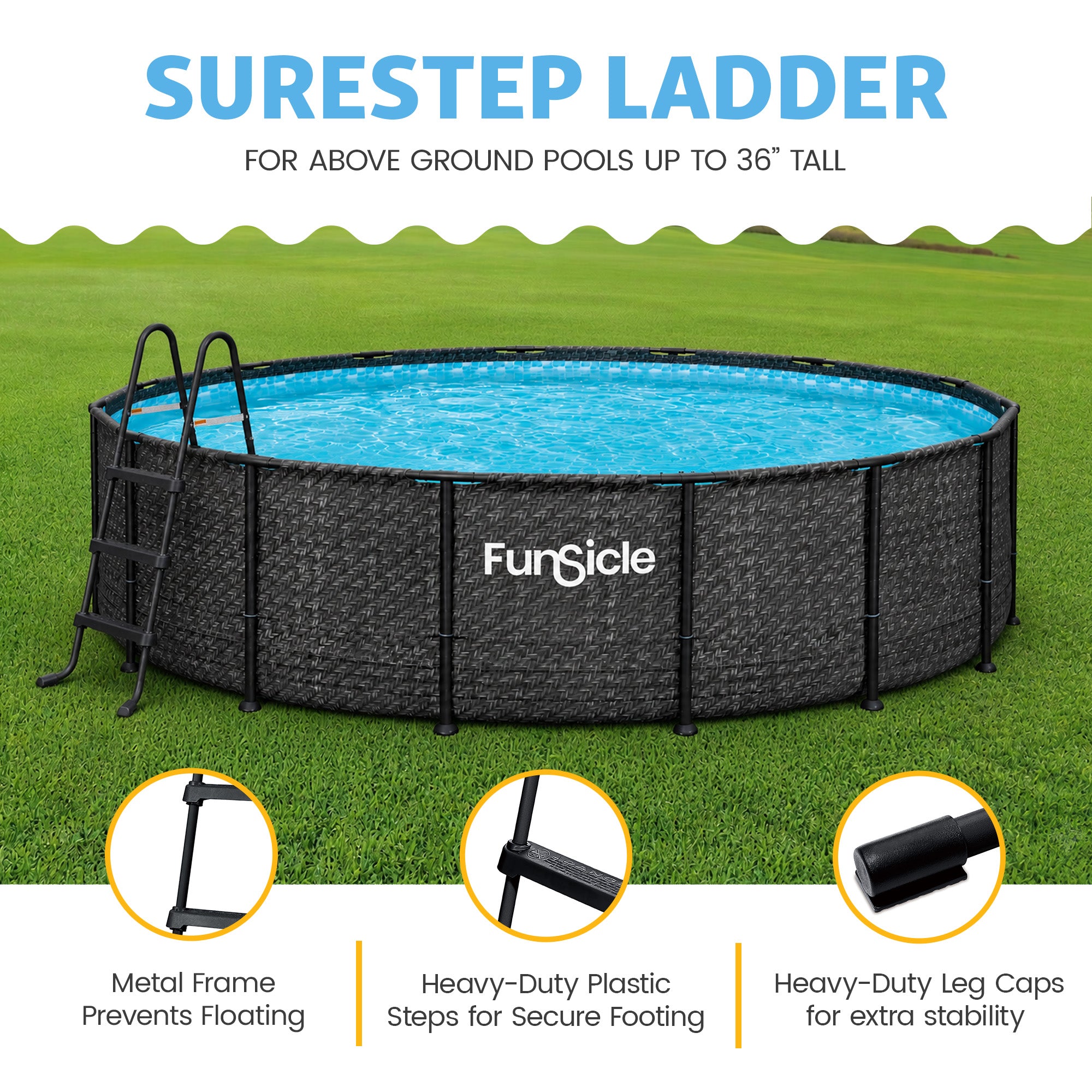 Funsicle 36" SureStep 3 Stair Outdoor Above-Ground Swimming Pool Ladder, Black