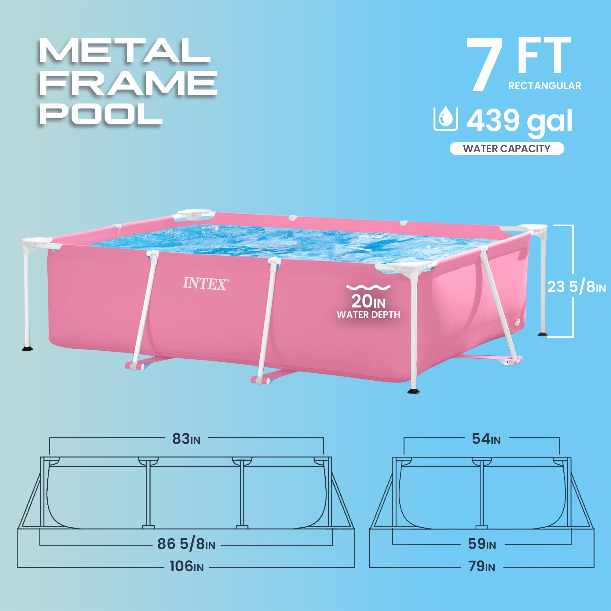 Intex 84" x 23.62" Outdoor Rectangular Frame Above Ground Swimming Pool, Pink
