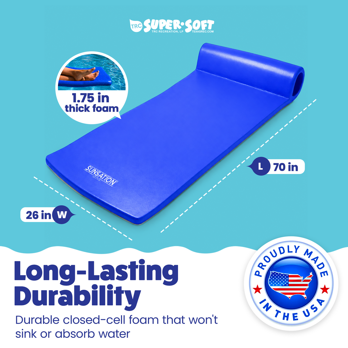 TRC Recreation Sunsation 1.75" Thick Foam Lounger Raft Pool Float, Indigo Blue