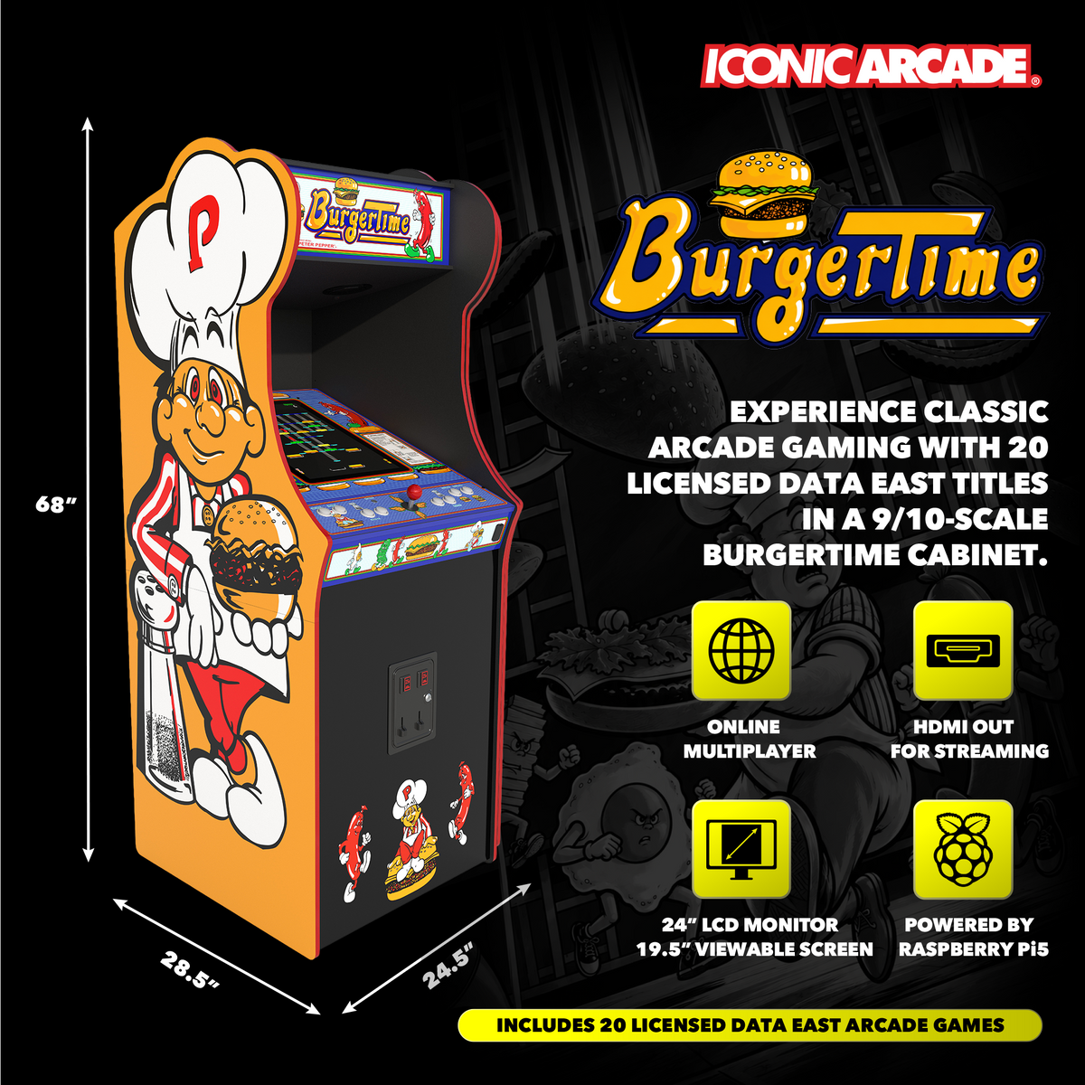 Iconic Arcade BurgerTime XT Arcade Machine with 20 Games, 19.5-Inch Screen