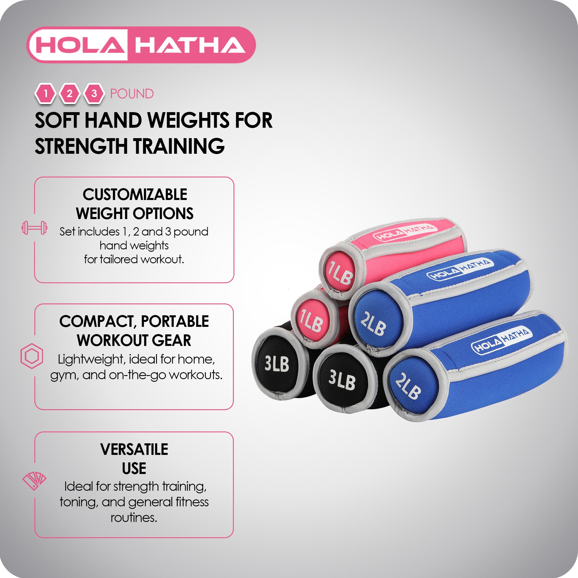 HolaHatha Weights Strength Training Equipment 1, 2, & 3lb Sets (Open Box) - VMInnovations