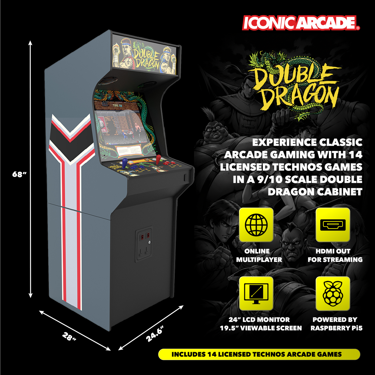 Iconic Arcade Double Dragon XT Arcade Machine with 14 Games, 19.5-Inch Screen