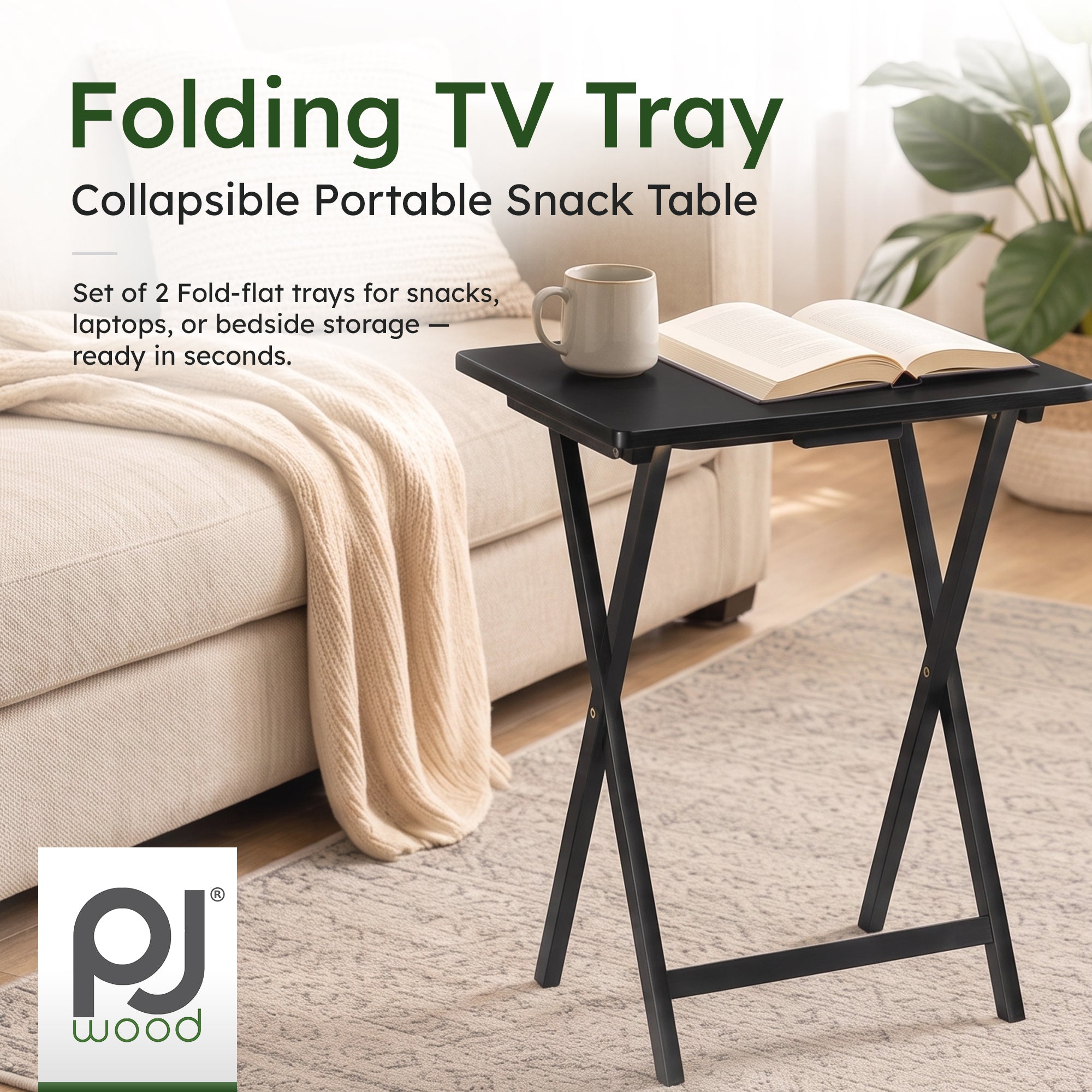 PJ Wood Folding TV Tray Tables w/Compact Storage Rack, Black, 2pc Set(For Parts) - VMInnovations