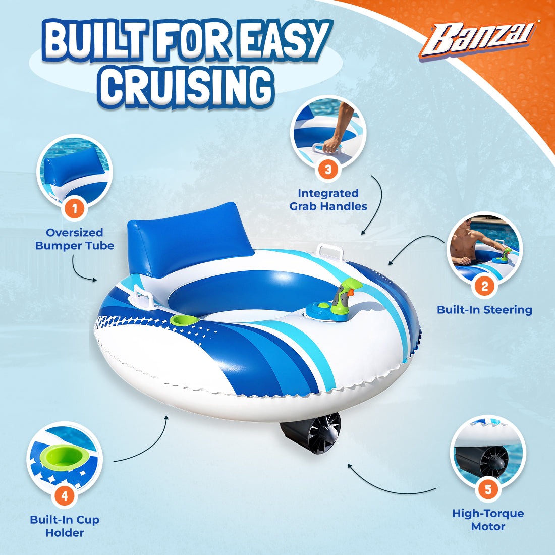 Banzai Motorized Battery Powered Inflatable Pool Cruiser Float for Teens/Adults