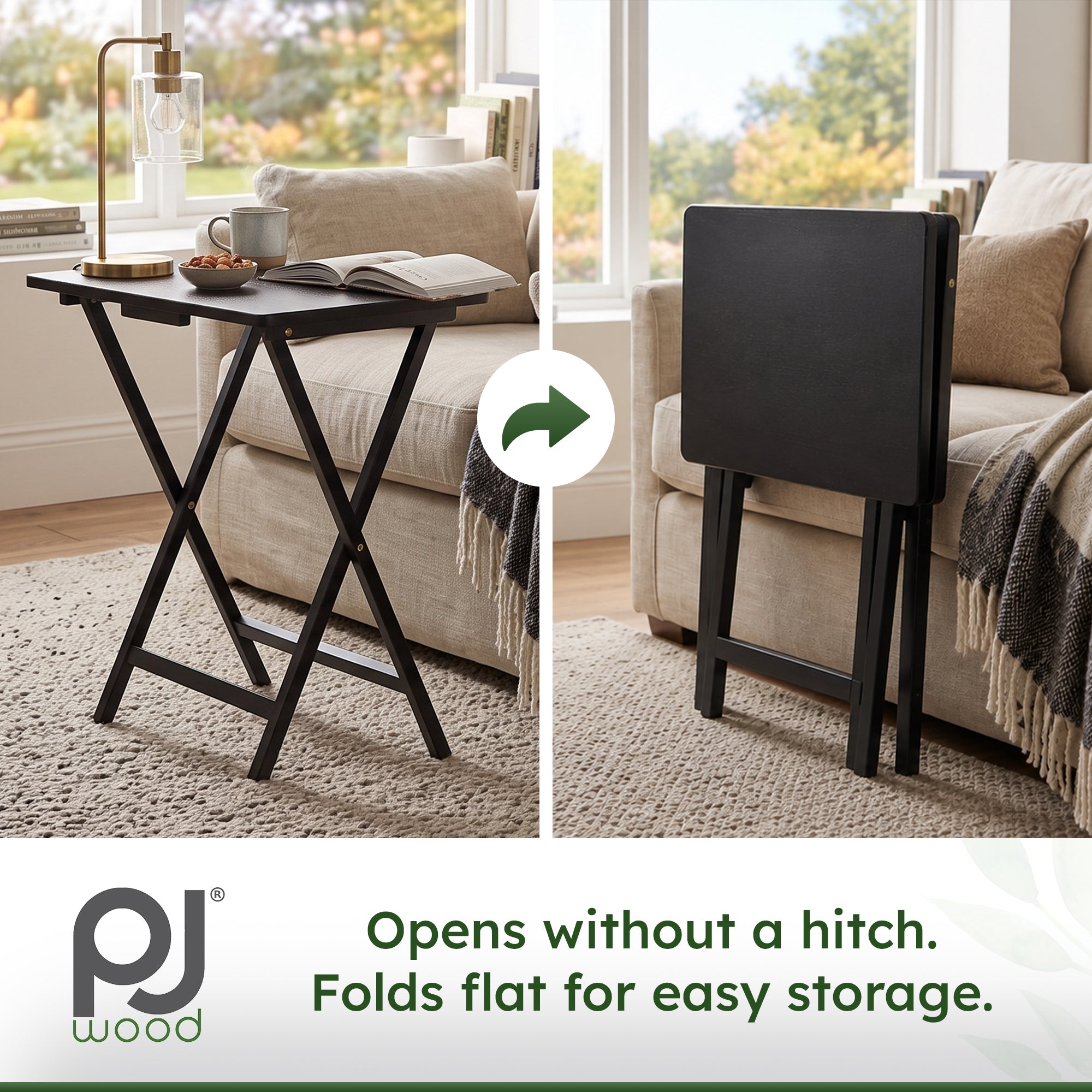 PJ Wood Folding TV Tray Tables w/Compact Storage Rack, Black, 2pc Set(For Parts) - VMInnovations