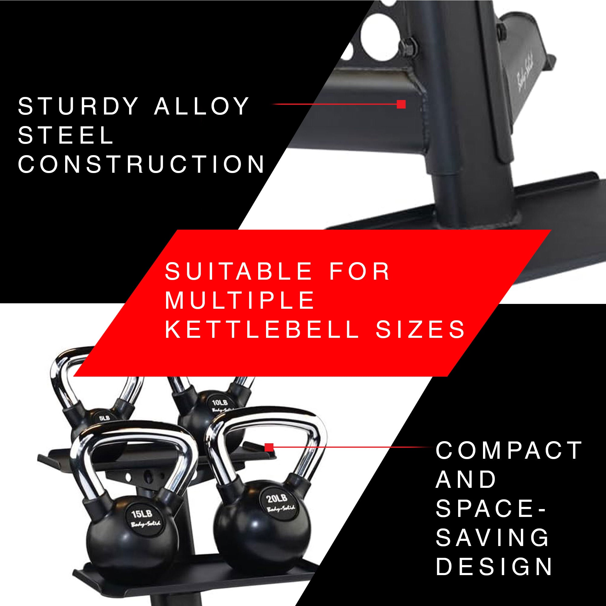 Body Solid Modern Compact 3 Tier Kettlebell Rack with Alloy Steel Frame, Black - VMInnovations