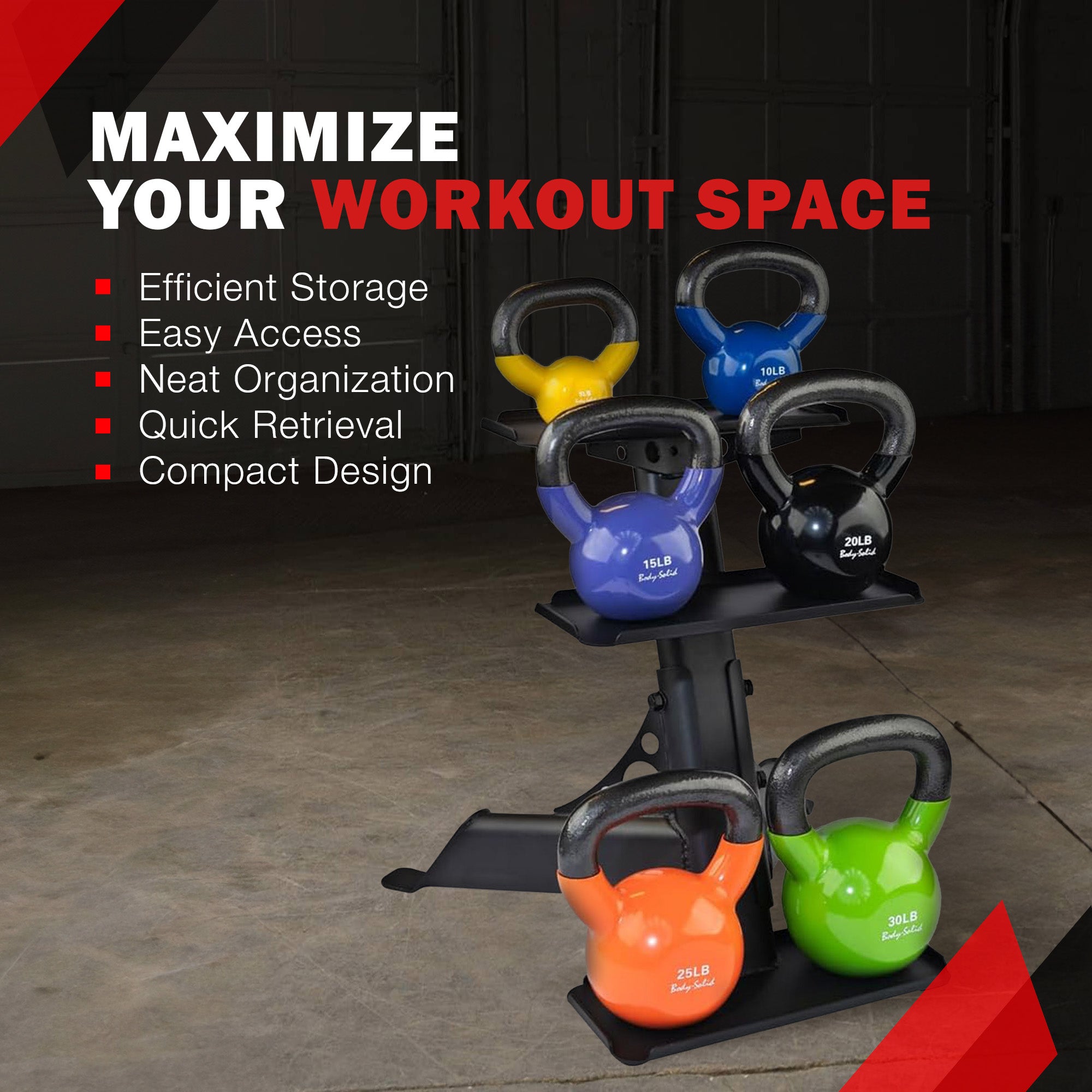 Body Solid Modern Compact 3 Tier Kettlebell Rack with Alloy Steel Frame, Black - VMInnovations