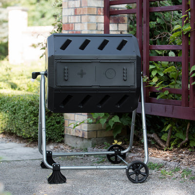 FCMP Outdoor 37 Gallon Dual Chamber Tumbling Composter Bin with Wheels, Black