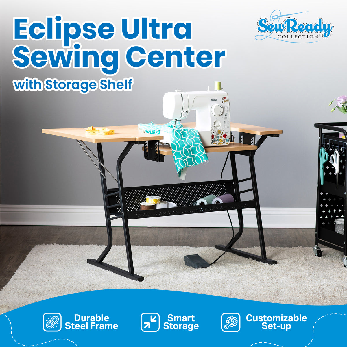 Sew Ready Eclipse Hobby Sewing Table with Storage Drawer and Shelves, Maple