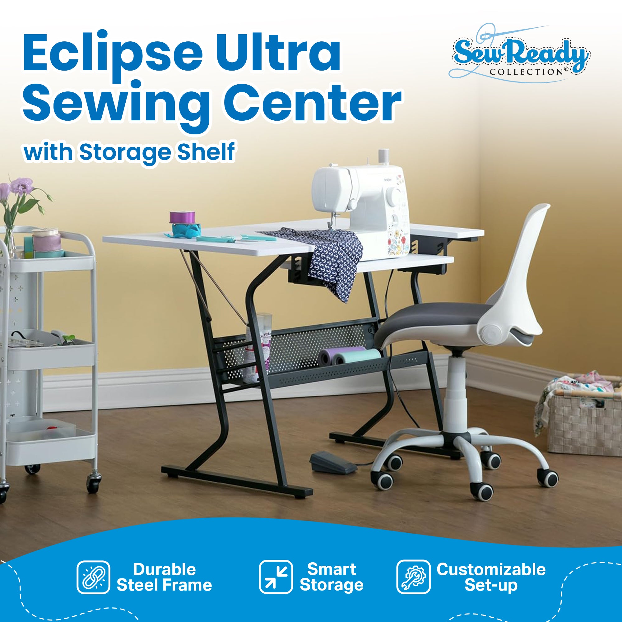 Sew Ready Eclipse Hobby Sewing Table with Storage Drawer and Shelves, Black