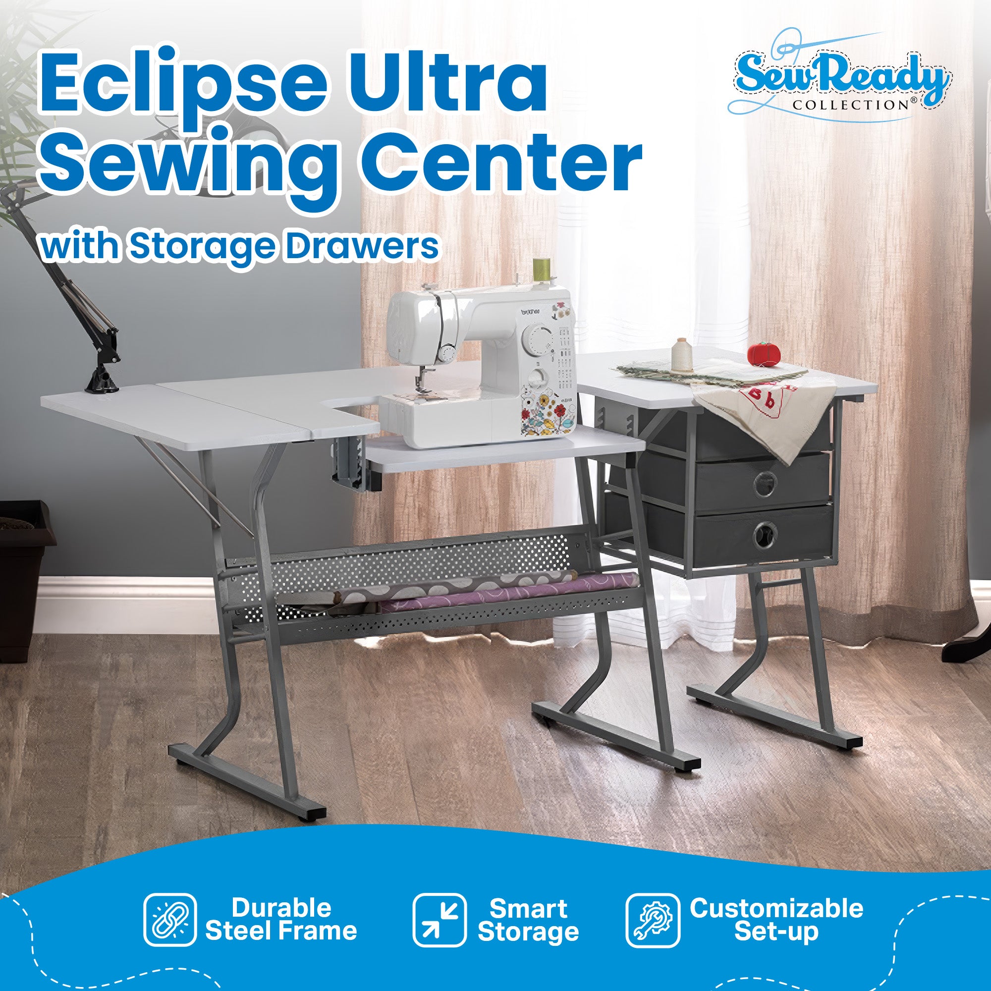 Studio Designs Eclipse Ultra Sewing Machine Craft Table Cabinet, Grey/White - VMInnovations