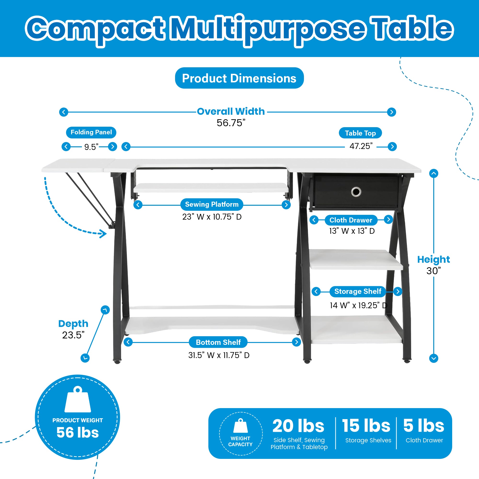 Sew Ready Comet Plus Hobby Sewing Table with Storage Drawer and Shelves, Black - VMInnovations
