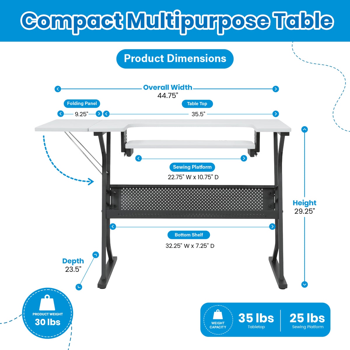 Sew Ready Eclipse Hobby Sewing Table with Storage Drawer and Shelves, Black