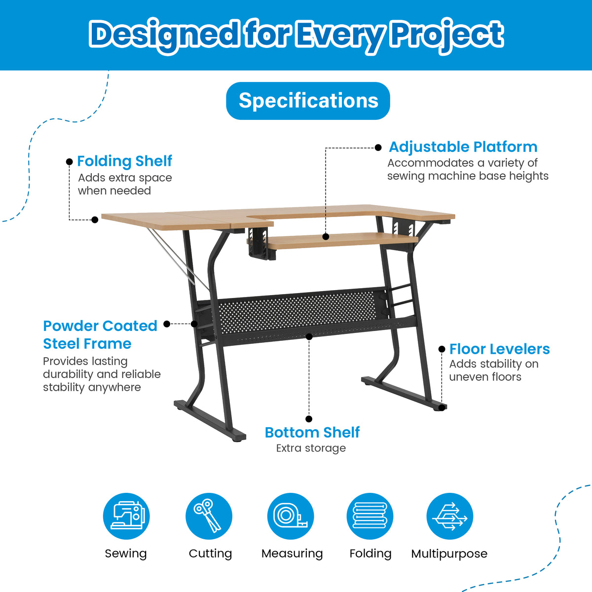 Sew Ready Eclipse Hobby Sewing Table with Storage Drawer and Shelves, Maple