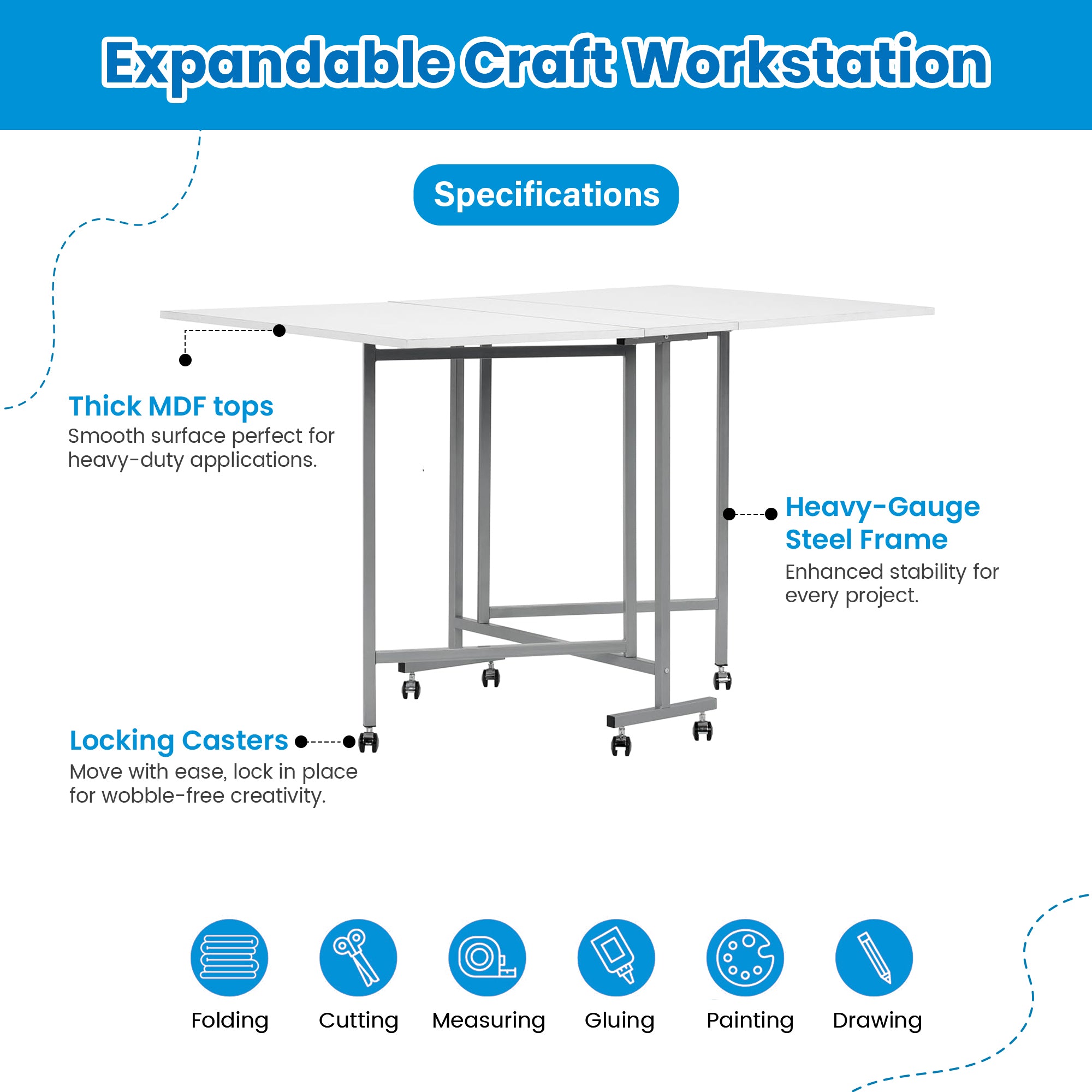 Sew Ready Folding Craft and Cutting Standing Table with Wheels, Silver/White