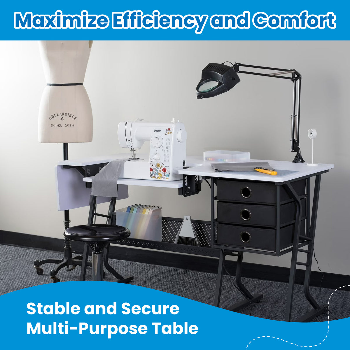 Sew Ready Eclipse Hobby Sewing Table with Storage Drawer and Shelves, Black