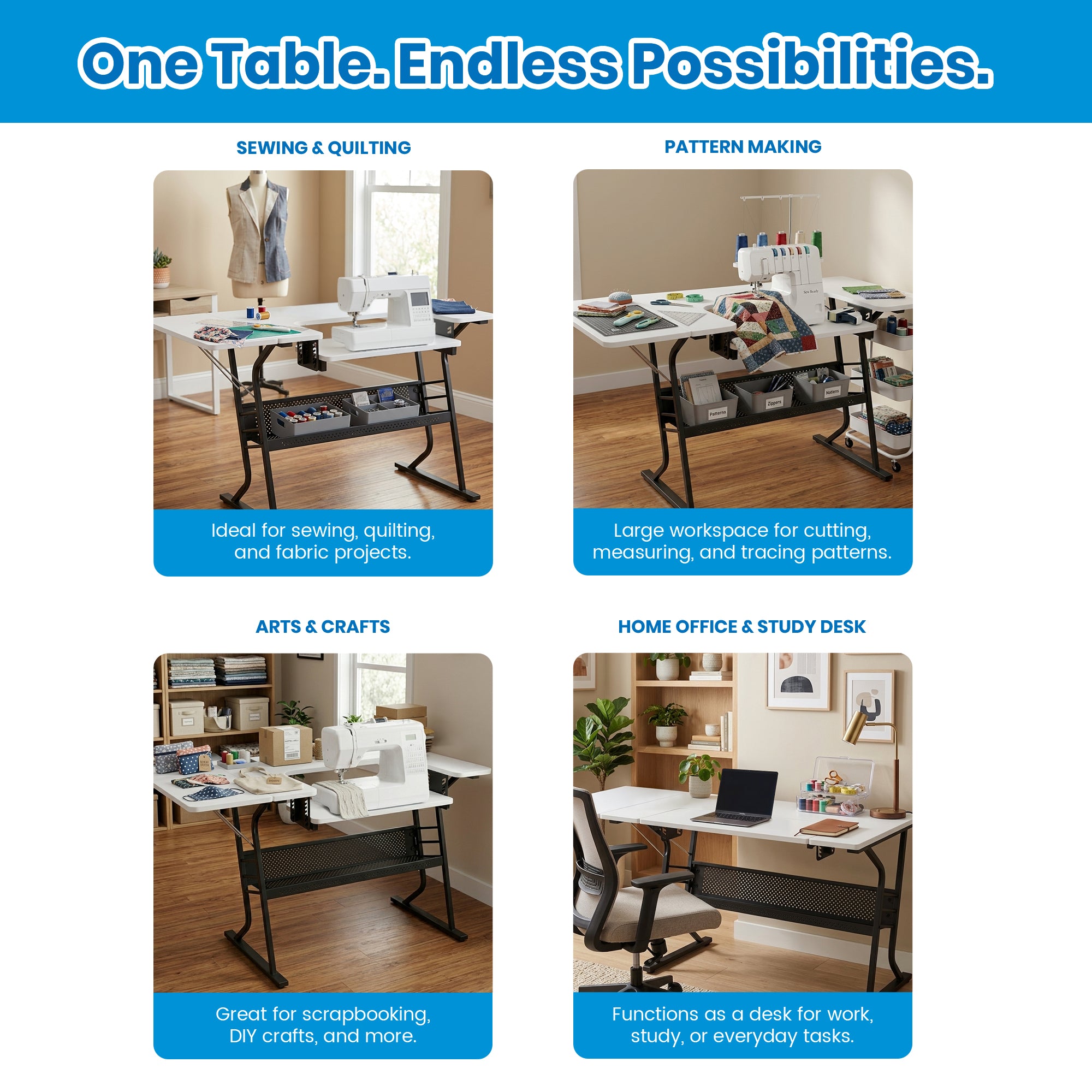 Sew Ready Eclipse Hobby Sewing Table with Storage Drawer and Shelves, Black
